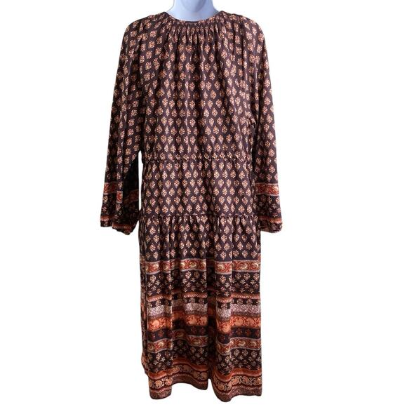 Old Navy Women’s Brown Floral Boho Peasant Midi Dress Size L Hippie‎ Festival - Picture 2 of 9